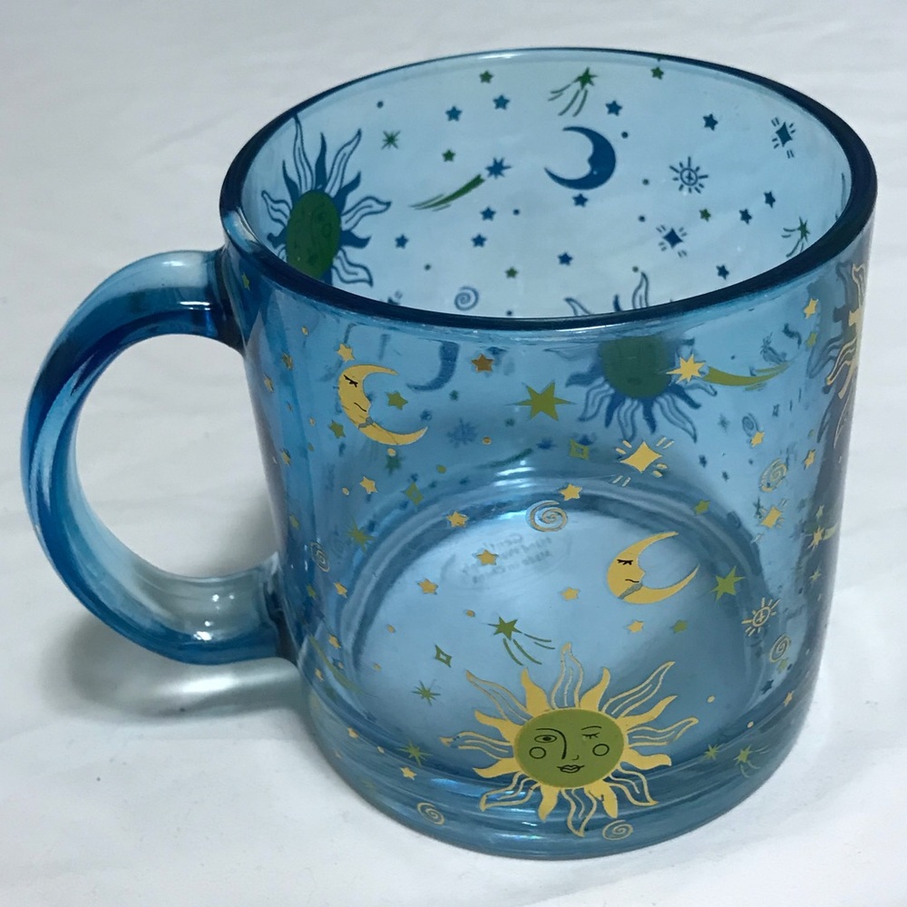 Blue Sun & Moon Glass Mug with Celestial Gold Accents